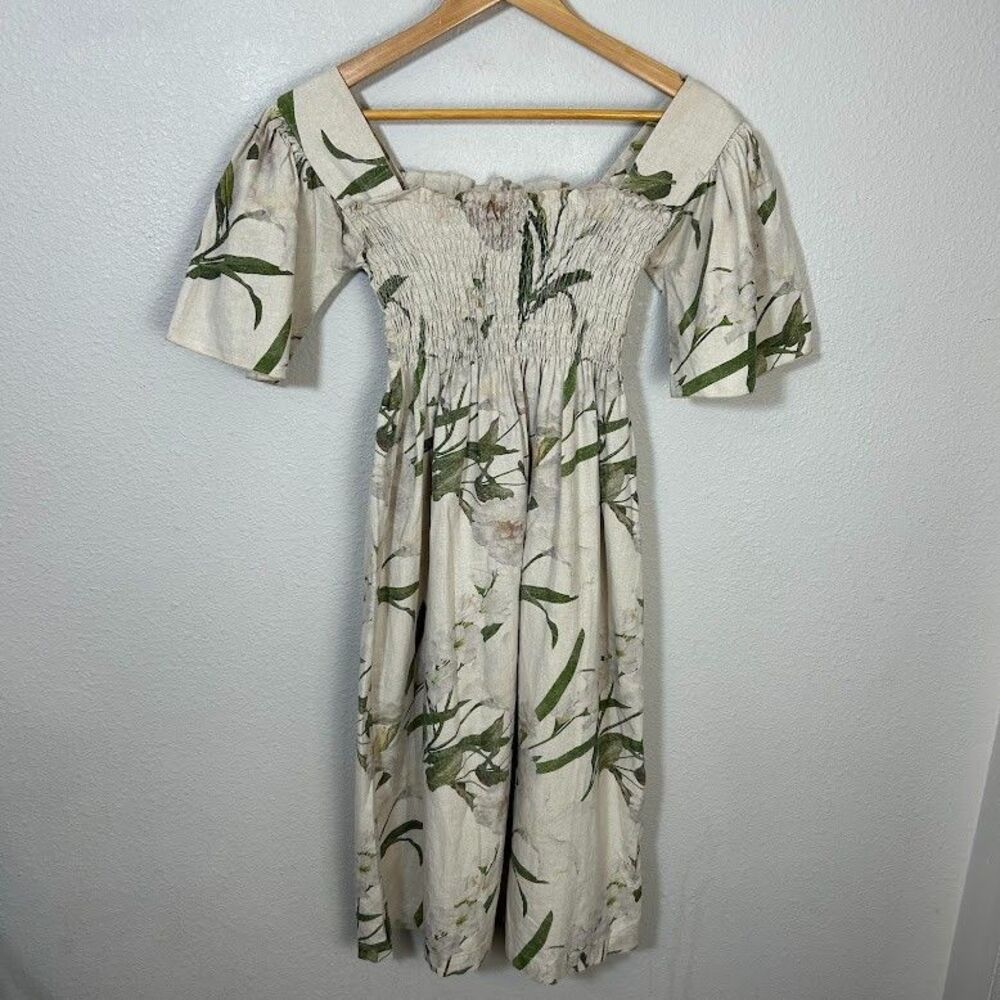 Lisa Says Gah Toni Smocked Midi Dress Womens M Floral Linen Cotton Square Neck - Picture 3 of 11